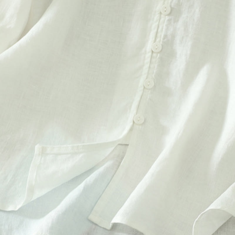 Camisa de mujer con cuello en V, media manga y botones lisos de Buddha Stones - image 14