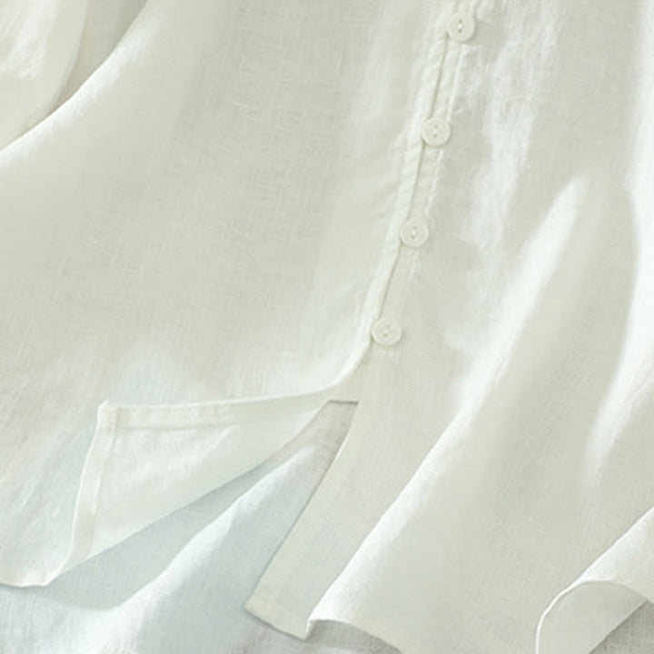 Camisa de mujer con cuello en V, media manga y botones lisos de Buddha Stones - image 14