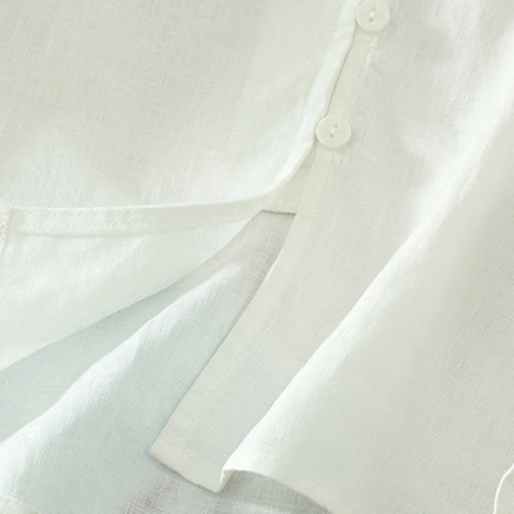 Camisa de mujer con cuello en V, media manga y botones lisos de Buddha Stones - image 13