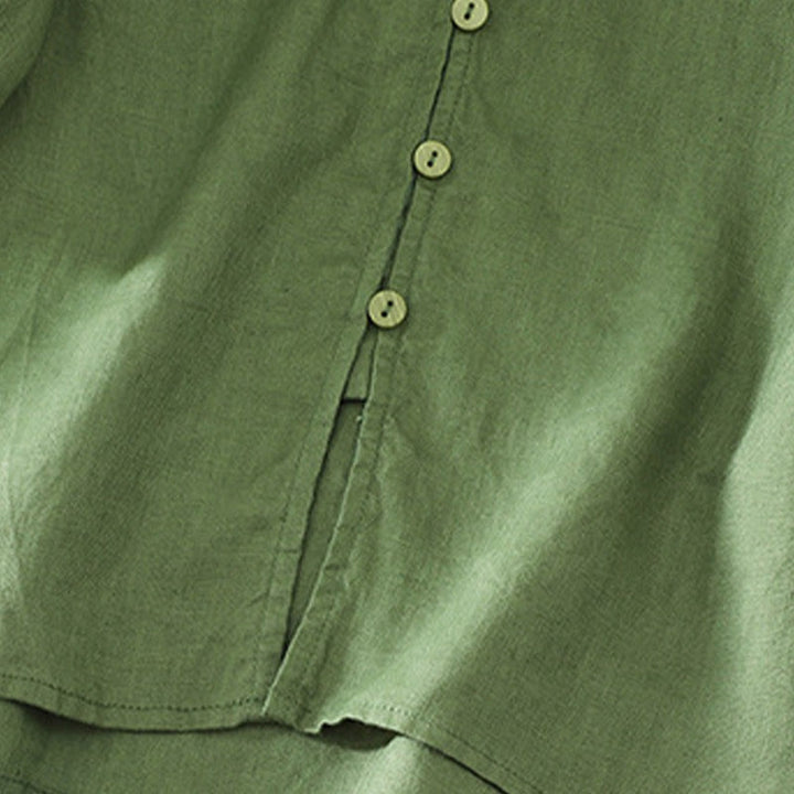 Camisa de mujer con cuello en V, media manga y botones lisos de Buddha Stones - image 19