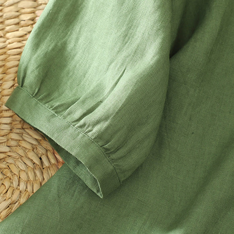 Camisa de mujer con cuello en V, media manga y botones lisos de Buddha Stones - image 20