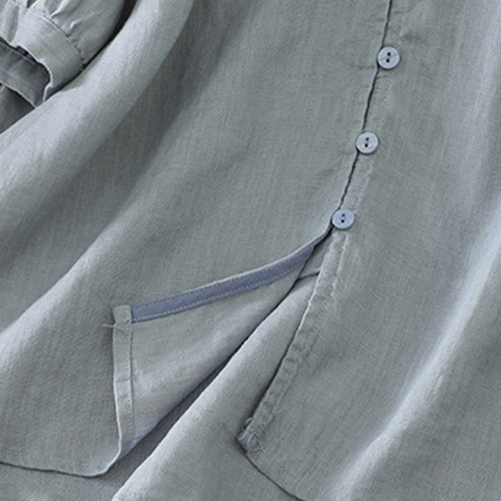 Camisa de mujer con cuello en V, media manga y botones lisos de Buddha Stones - image 24