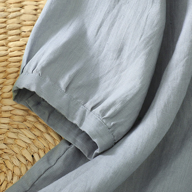 Camisa de mujer con cuello en V, media manga y botones lisos de Buddha Stones - image 25