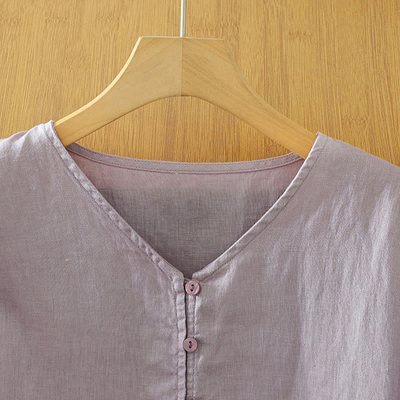 Camisa de mujer con cuello en V, media manga y botones lisos de Buddha Stones - image 27