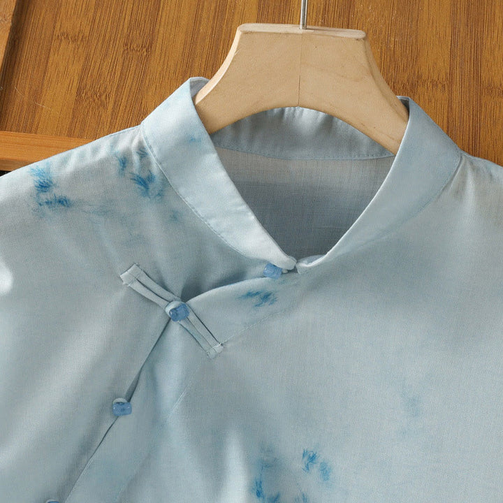 Camisa sin mangas para mujer con botones de rana en azul claro de Buddha Stones - image 5