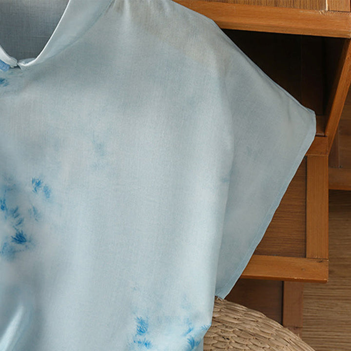 Camisa sin mangas para mujer con botones de rana en azul claro de Buddha Stones - image 7