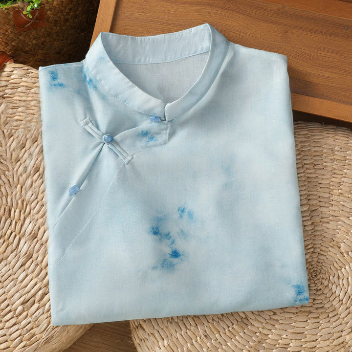 Camisa sin mangas para mujer con botones de rana en azul claro de Buddha Stones - image 2