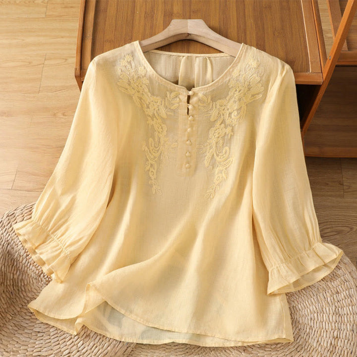 Camisa de algodón para mujer con cuello redondo, manga tres cuartos y botones bordados con flores y Buddha Stones - Caqui - US12, UK/AU16, EU44 (2XL) - image 0