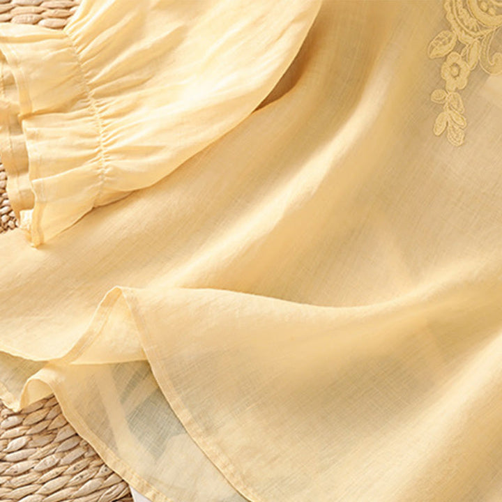 Camisa de algodón para mujer con cuello redondo, manga tres cuartos y botones bordados con flores y Buddha Stones - image 8