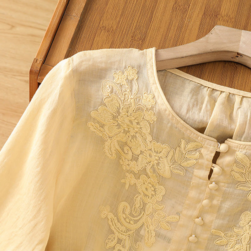 Camisa de algodón para mujer con cuello redondo, manga tres cuartos y botones bordados con flores y Buddha Stones - image 6