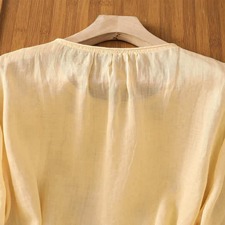 Camisa de algodón para mujer con cuello redondo, manga tres cuartos y botones bordados con flores y Buddha Stones - image 5