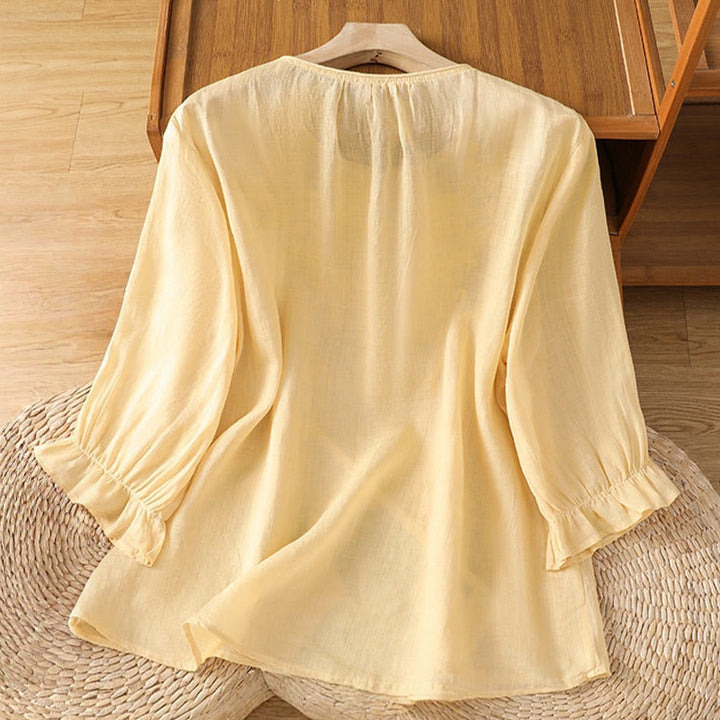 Camisa de algodón para mujer con cuello redondo, manga tres cuartos y botones bordados con flores y Buddha Stones - image 2