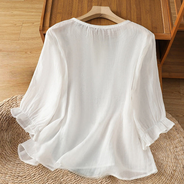 Camisa de algodón para mujer con cuello redondo, manga tres cuartos y botones bordados con flores y Buddha Stones - image 10