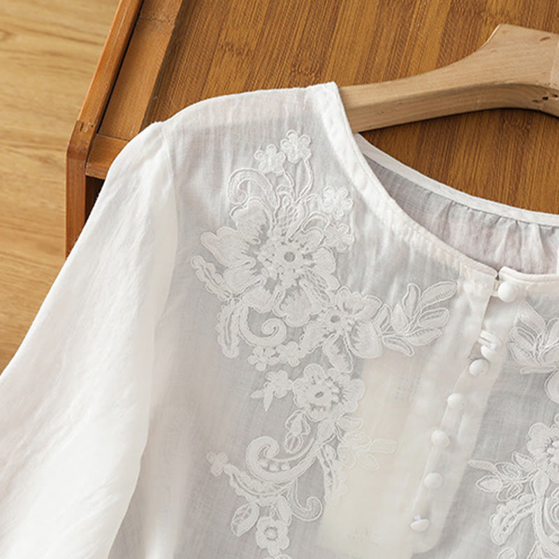 Camisa de algodón para mujer con cuello redondo, manga tres cuartos y botones bordados con flores y Buddha Stones - image 13