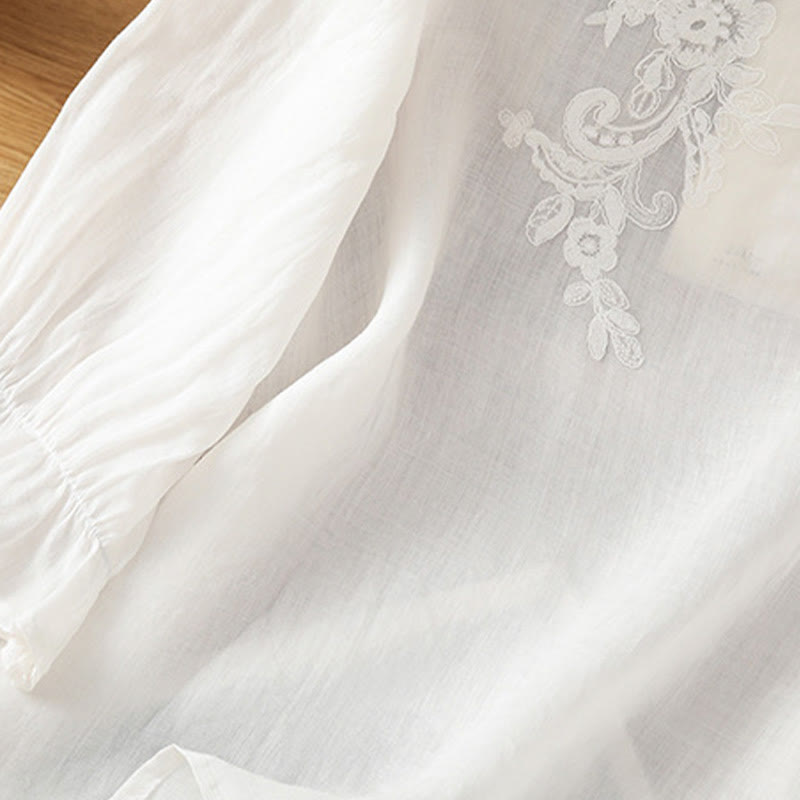 Camisa de algodón para mujer con cuello redondo, manga tres cuartos y botones bordados con flores y Buddha Stones - image 14