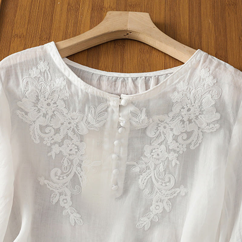 Camisa de algodón para mujer con cuello redondo, manga tres cuartos y botones bordados con flores y Buddha Stones - image 11