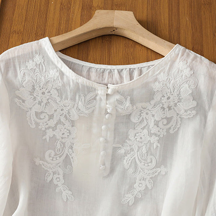 Camisa de algodón para mujer con cuello redondo, manga tres cuartos y botones bordados con flores y Buddha Stones - image 11