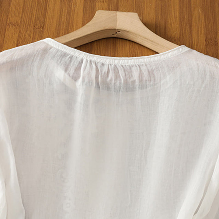 Camisa de algodón para mujer con cuello redondo, manga tres cuartos y botones bordados con flores y Buddha Stones - image 12