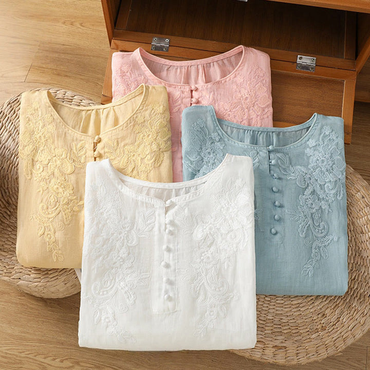 Camisa de algodón para mujer con cuello redondo, manga tres cuartos y botones bordados con flores y Buddha Stones - image 33