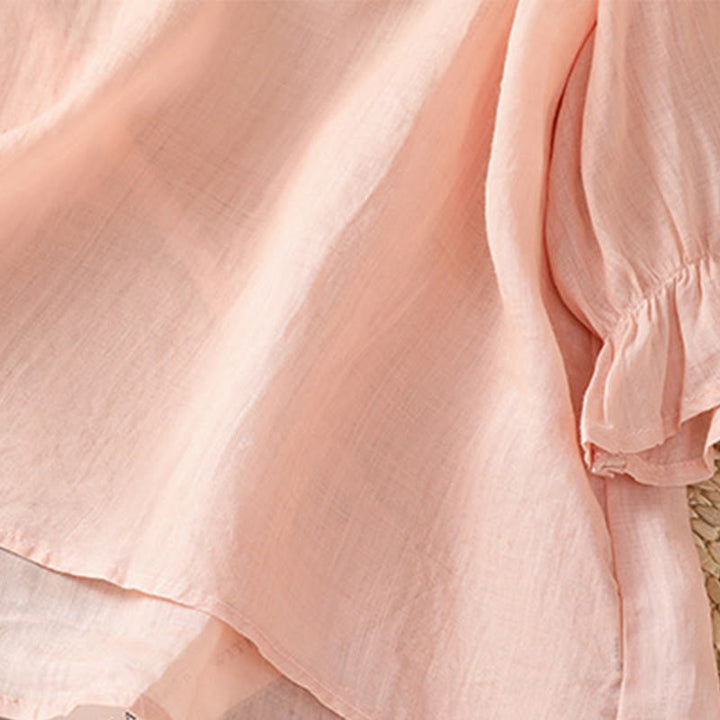 Camisa de algodón para mujer con cuello redondo, manga tres cuartos y botones bordados con flores y Buddha Stones - image 21