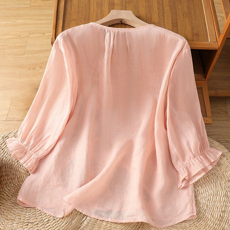 Camisa de algodón para mujer con cuello redondo, manga tres cuartos y botones bordados con flores y Buddha Stones - image 18