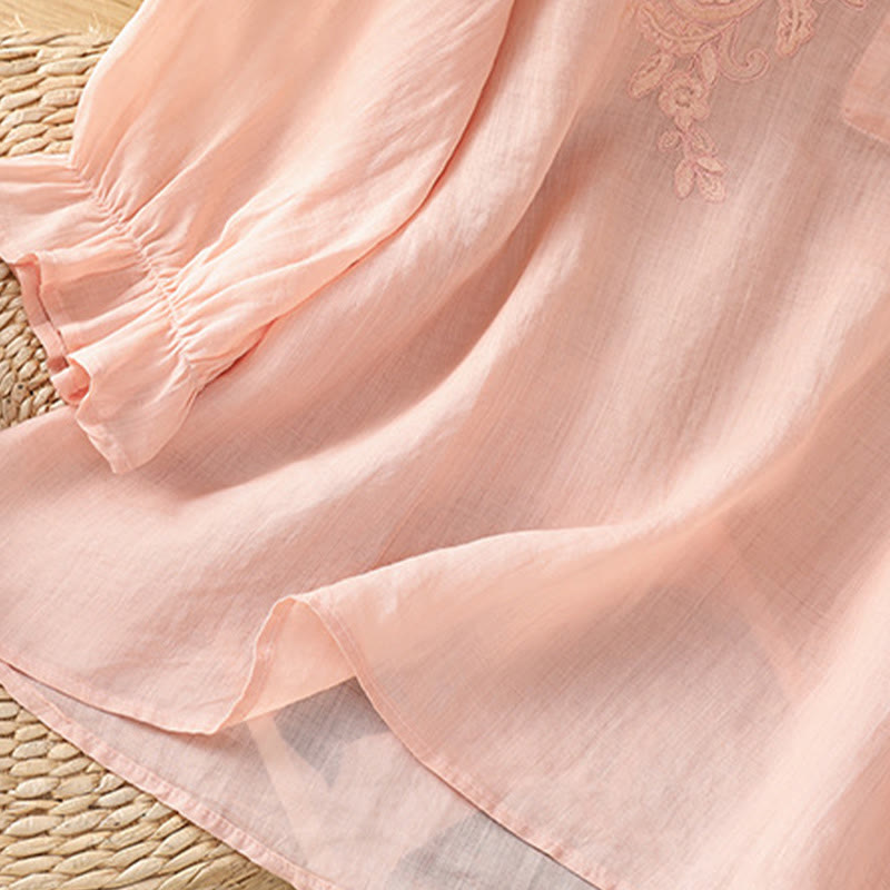 Camisa de algodón para mujer con cuello redondo, manga tres cuartos y botones bordados con flores y Buddha Stones - image 23