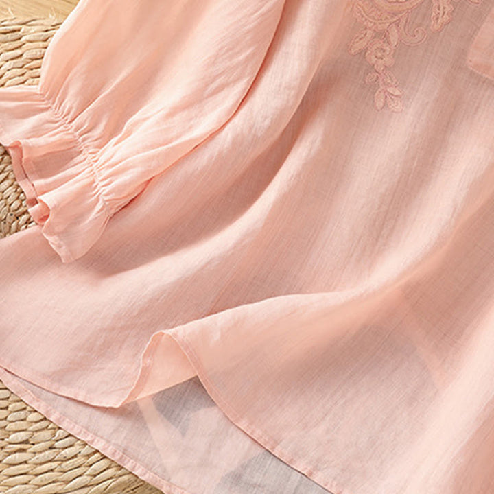 Camisa de algodón para mujer con cuello redondo, manga tres cuartos y botones bordados con flores y Buddha Stones - image 23