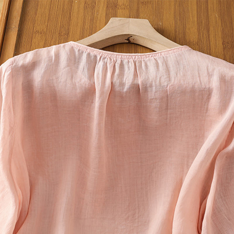 Camisa de algodón para mujer con cuello redondo, manga tres cuartos y botones bordados con flores y Buddha Stones - image 20