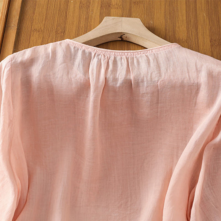 Camisa de algodón para mujer con cuello redondo, manga tres cuartos y botones bordados con flores y Buddha Stones - image 20