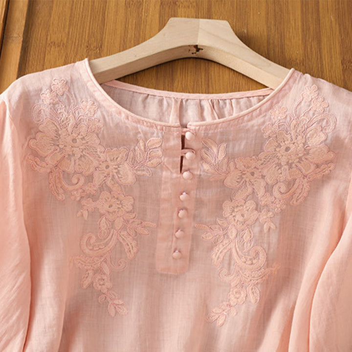 Camisa de algodón para mujer con cuello redondo, manga tres cuartos y botones bordados con flores y Buddha Stones - image 19