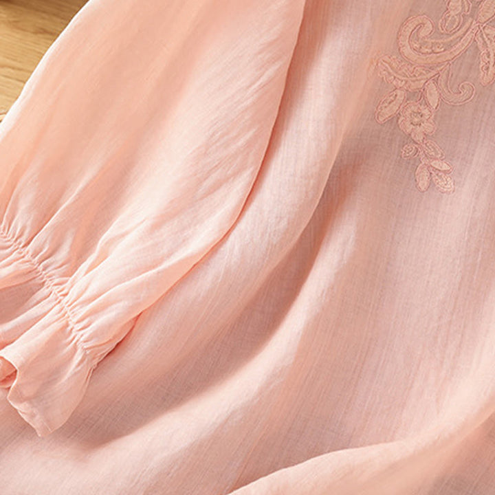 Camisa de algodón para mujer con cuello redondo, manga tres cuartos y botones bordados con flores y Buddha Stones - image 22