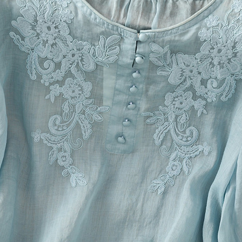 Camisa de algodón para mujer con cuello redondo, manga tres cuartos y botones bordados con flores y Buddha Stones - image 30