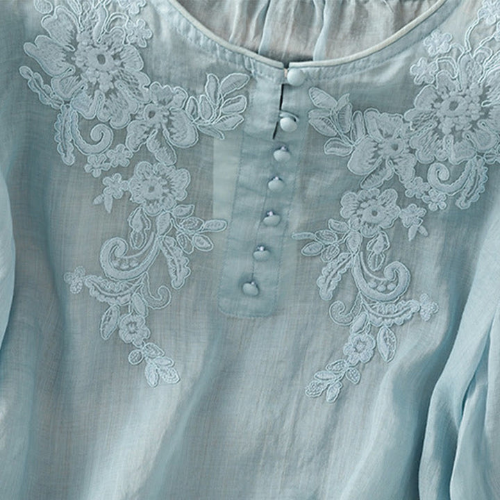 Camisa de algodón para mujer con cuello redondo, manga tres cuartos y botones bordados con flores y Buddha Stones - image 30