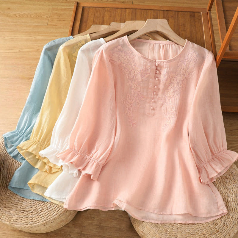 Camisa de algodón para mujer con cuello redondo, manga tres cuartos y botones bordados con flores y Buddha Stones - image 1