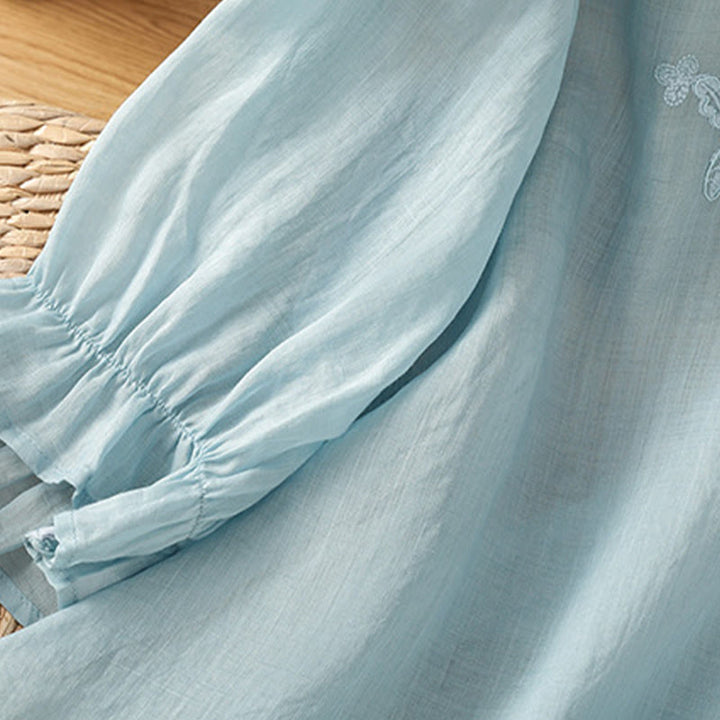 Camisa de algodón para mujer con cuello redondo, manga tres cuartos y botones bordados con flores y Buddha Stones - image 31