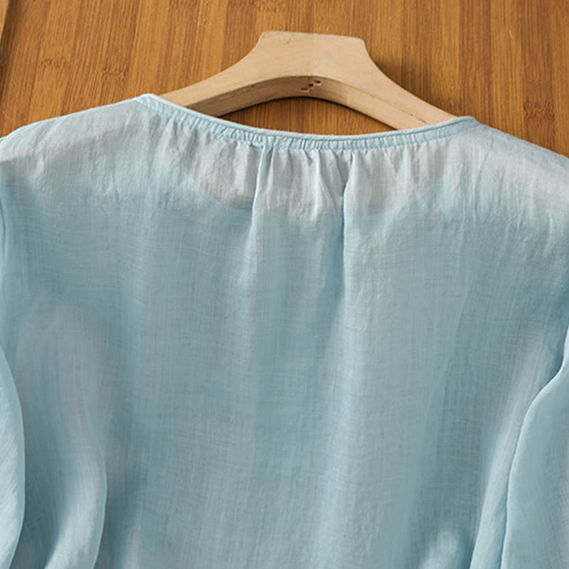 Camisa de algodón para mujer con cuello redondo, manga tres cuartos y botones bordados con flores y Buddha Stones - image 28