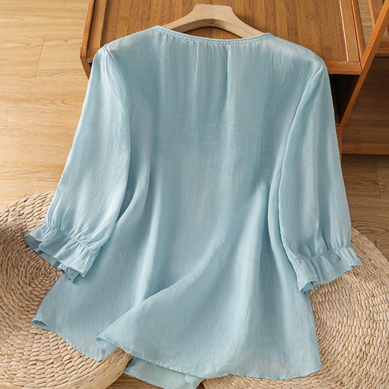 Camisa de algodón para mujer con cuello redondo, manga tres cuartos y botones bordados con flores y Buddha Stones - image 26