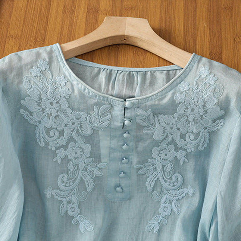 Camisa de algodón para mujer con cuello redondo, manga tres cuartos y botones bordados con flores y Buddha Stones - image 27