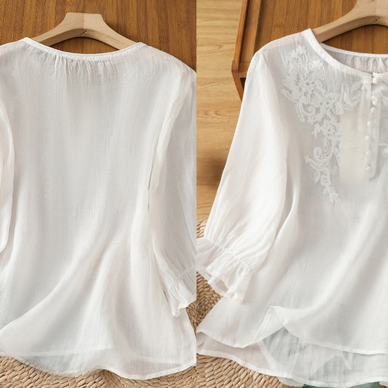 Camisa de algodón para mujer con cuello redondo, manga tres cuartos y botones bordados con flores y Buddha Stones - image 16