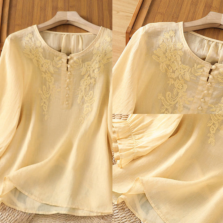 Camisa de algodón para mujer con cuello redondo, manga tres cuartos y botones bordados con flores y Buddha Stones - image 3