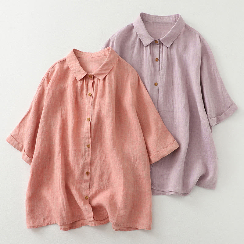 Camisa informal de lino y algodón para mujer con botones lisos y media manga Buddha Stones - image 1