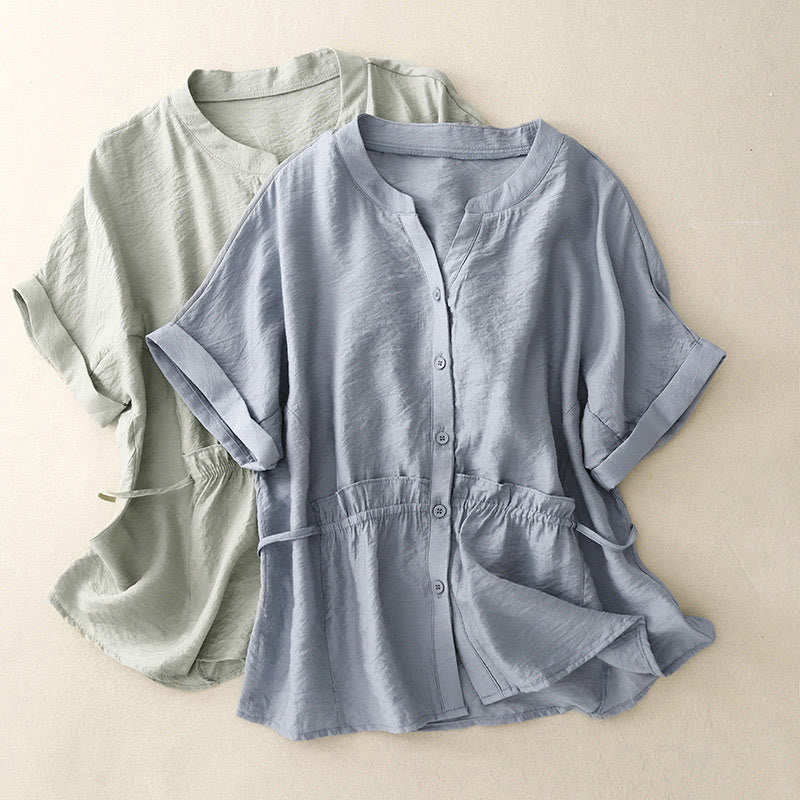 Camisa de algodón de manga corta con botones y cordones de verano para mujer con Buddha Stones - image 9