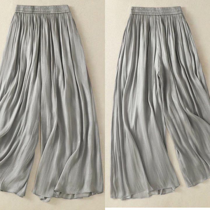 Pantalones de mujer de pierna ancha con bolsillos, diseño plisado en gris claro con estampado de Buddha Stones y cintura elástica. - image 3