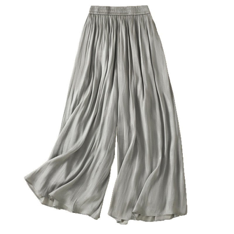 Pantalones de mujer de pierna ancha con bolsillos, diseño plisado en gris claro con estampado de Buddha Stones y cintura elástica. - image 16