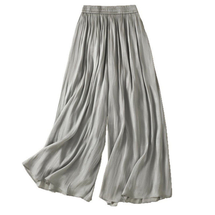 Pantalones de mujer de pierna ancha con bolsillos, diseño plisado en gris claro con estampado de Buddha Stones y cintura elástica. - image 16