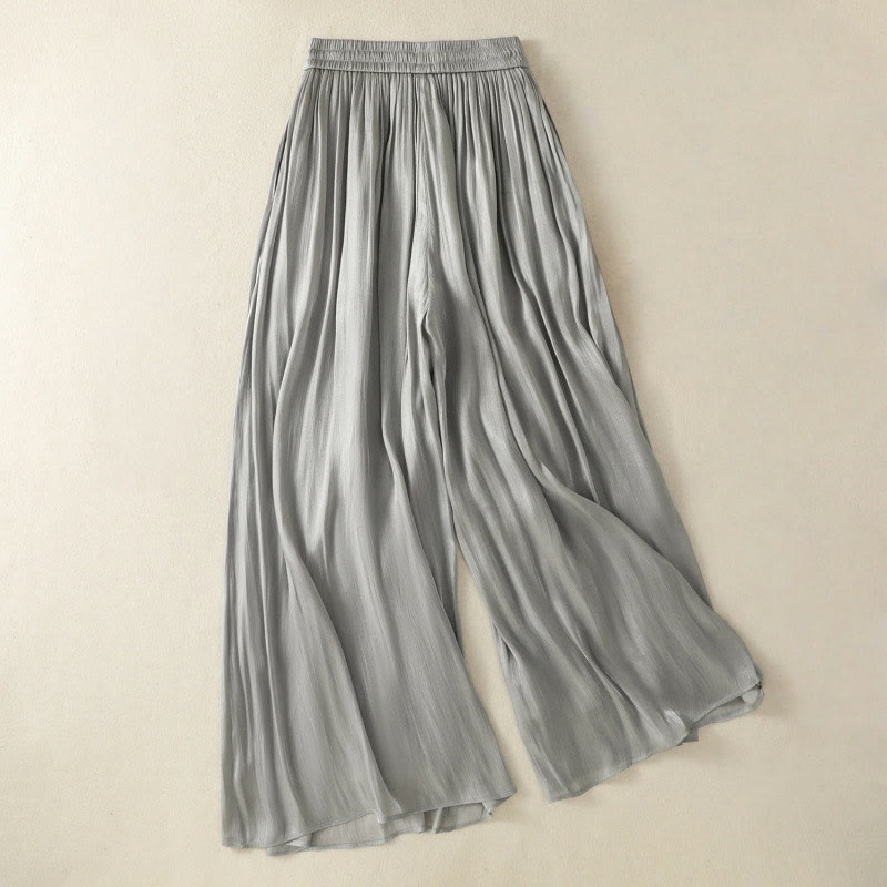 Pantalones de mujer de pierna ancha con bolsillos, diseño plisado en gris claro con estampado de Buddha Stones y cintura elástica. - image 1
