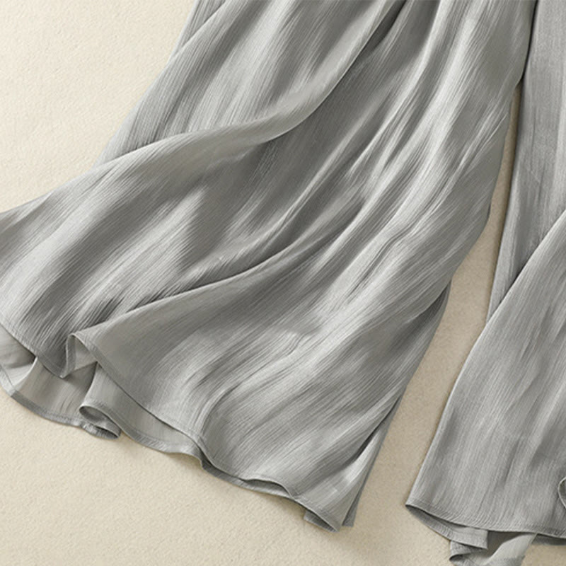Pantalones de mujer de pierna ancha con bolsillos, diseño plisado en gris claro con estampado de Buddha Stones y cintura elástica. - image 12