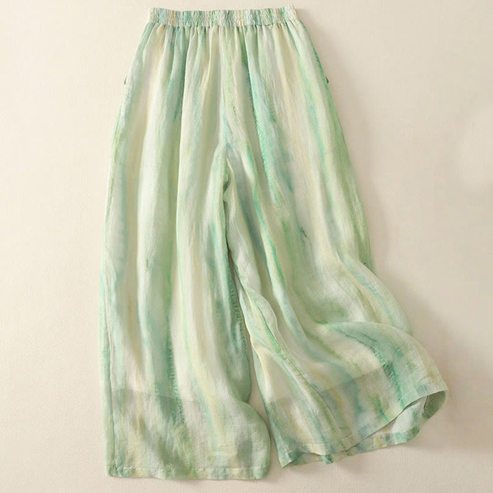 Pantalones de lino y algodón con cintura elástica para mujer, de Buddha Stones, de pierna ancha, de 7 a 8 pulgadas de largo y bolsillos. - image 1