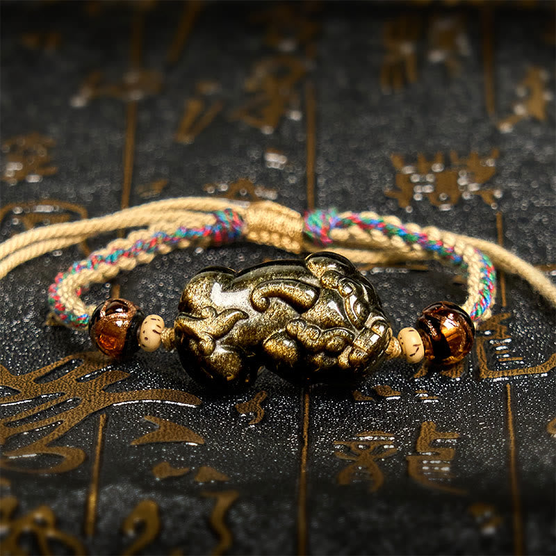 Pulsera de cuerda de la riqueza PiXiu de obsidiana con brillo dorado y Buddha Stones - PiXiu (circunferencia de la muñeca: 14-26 cm) - image 1