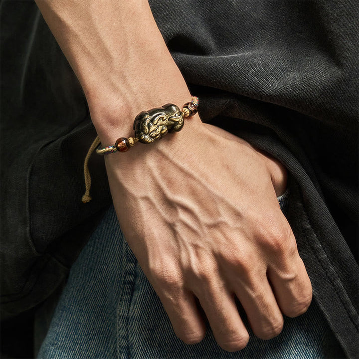 Pulsera de cuerda de la riqueza PiXiu de obsidiana con brillo dorado y Buddha Stones - image 5